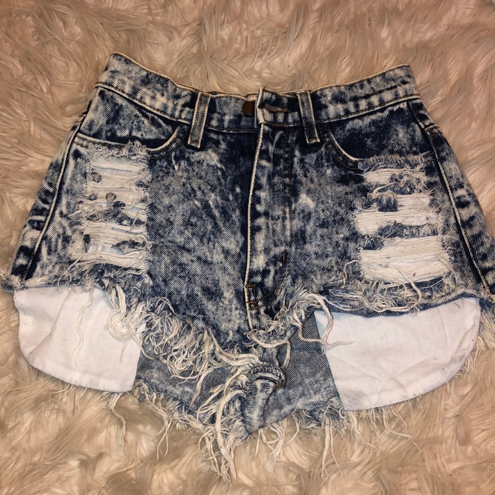 High-Waisted Acid Washed Destroyed Denim Shorts